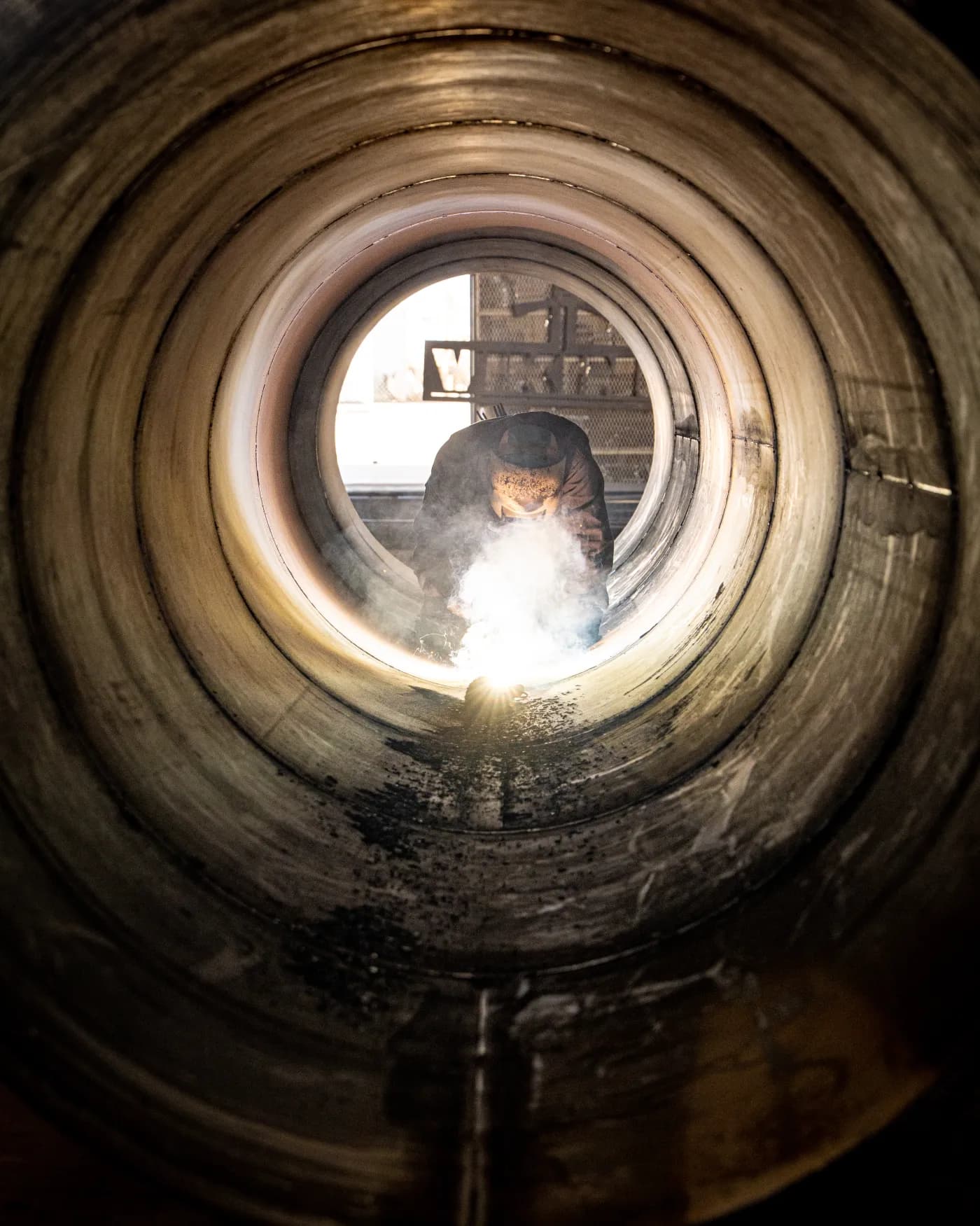 Viking welder working inside a vessel at the Odessa shop